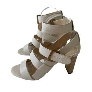 Jimmy Choo Maya 85 Cage Sandal Wood Heel Pebbled Leather Cream 37.5
